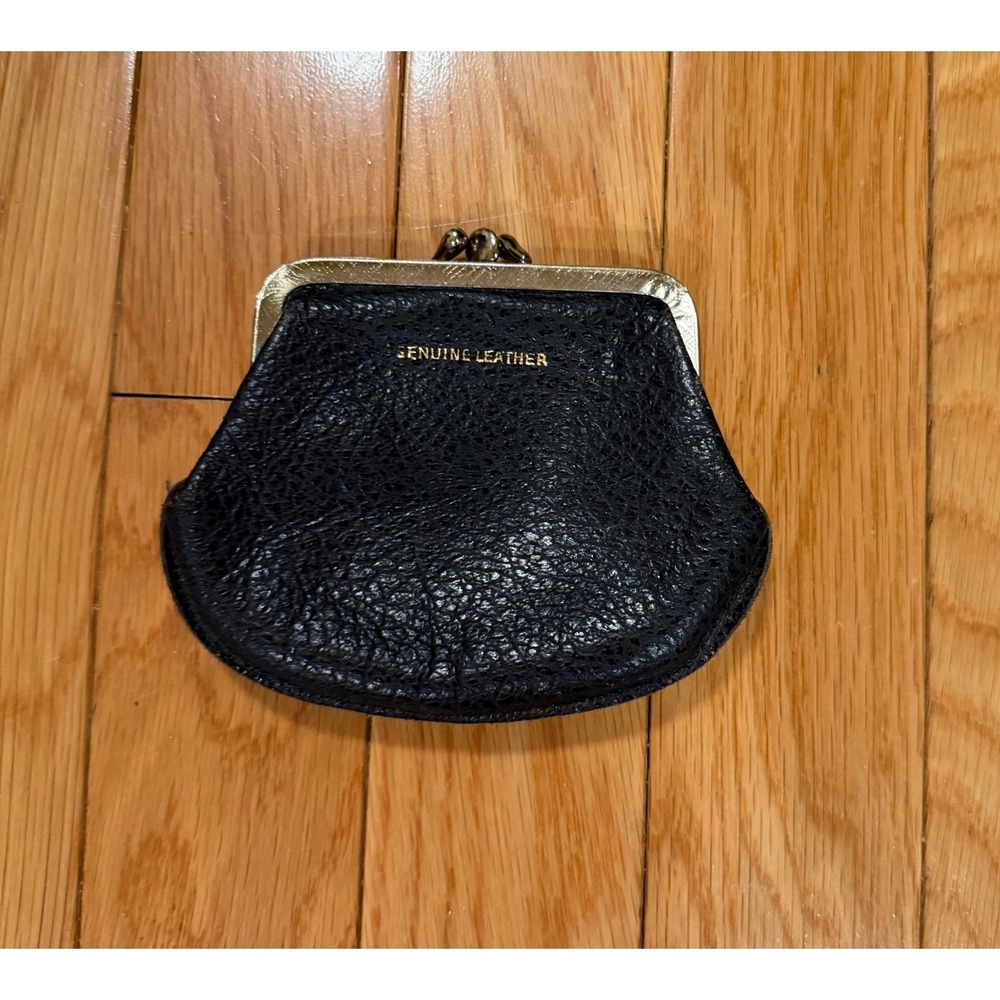 Vintage Black Genuine‎ Leather Kiss Lock Coin Purse Gold Tone Double Compartment